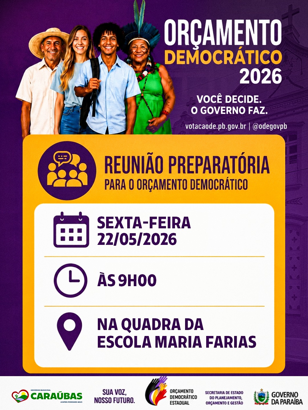 Caraúbas realiza reunião preparatória do Orçamento Democrático 2026 nesta sexta-feira