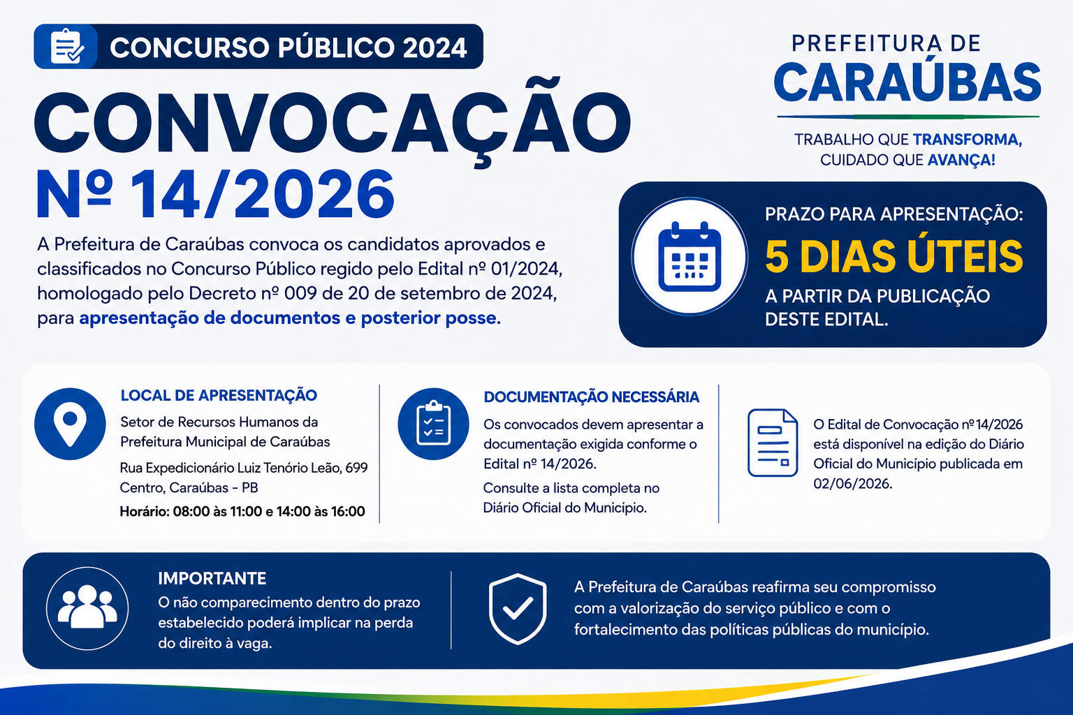 Prefeitura de Caraúbas convoca aprovados no Concurso Público 2024 para apresentação de documentos e posse