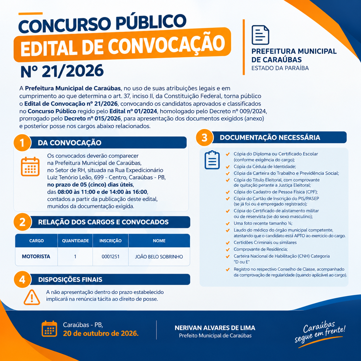 Prefeitura de Caraúbas convoca aprovado em concurso público para o cargo de motorista